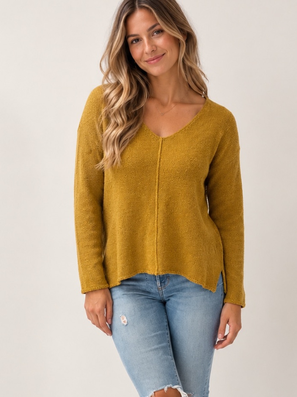 Mahina Relaxed V-Neck Pullover Sweater - Brown ish Mustard / Lightweight Knit